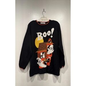 Vintage Karen Scott BOO Halloween Black Sweater Ghost Size Large Knit Teacher
